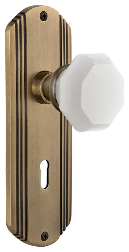 Deco Plate with Keyhole Passage Waldorf White Milk Glass Knob, Antique Brass