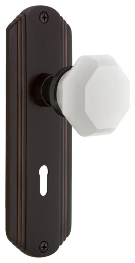 Deco Plate with Keyhole Privacy Waldorf White Milk Glass Knob, Timeless Bronze