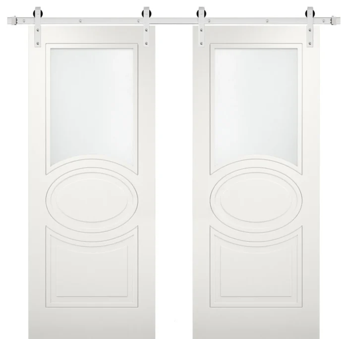 Double Barn Doors Opaque Glass / Mela 7012 Matte White / Silver 13FT, 60" X 80" ( 2* 30x80) - Image 1