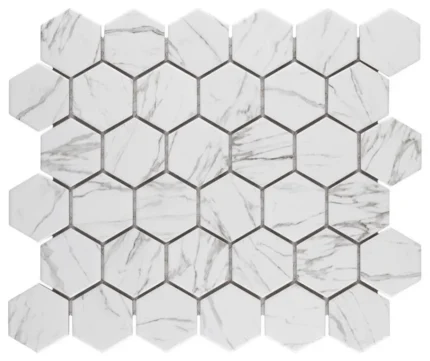 Flo 2" Hex Porcelain Mosaic, White Marble Tile, Sample