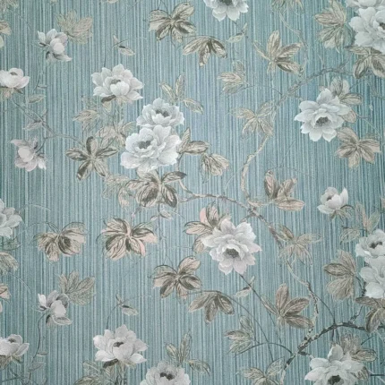 Floral flower plants Green silver bronze metallic textured faux fabric Wallpaper, 8.5" X 11" Sample