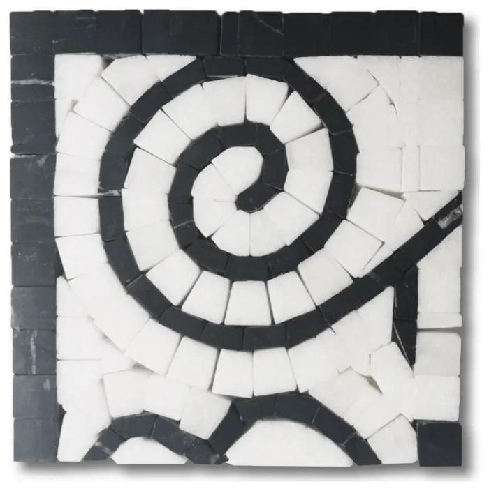 Floral Milano Thassos White Nero Marquina Marble Mosaic Corner Tile, 1 piece - Image 1