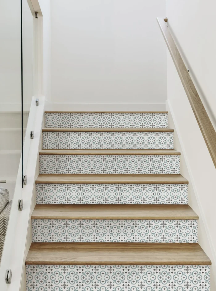 Flower Moroccan Tile Peel and Stick Stair Riser Strips, Blue, 48"w X 6"h, 6 Pack - Image 1