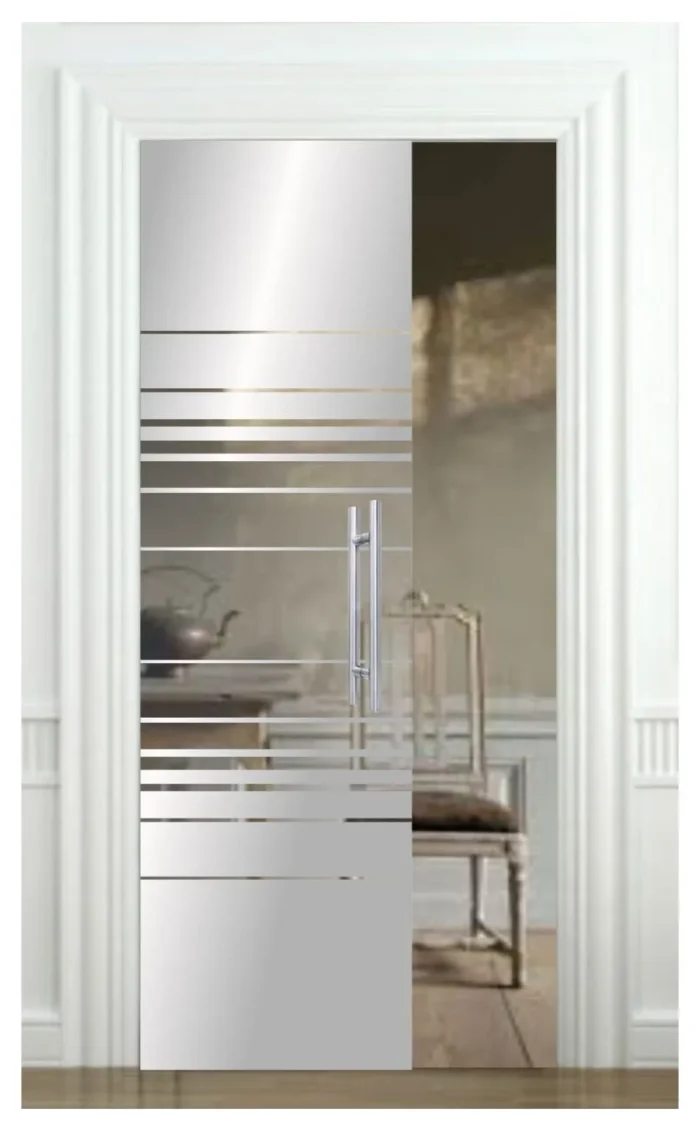 Frameless Glass Pocket Sliding Door and Frosted Stripes Lines, Custom Size, Posi - Image 1