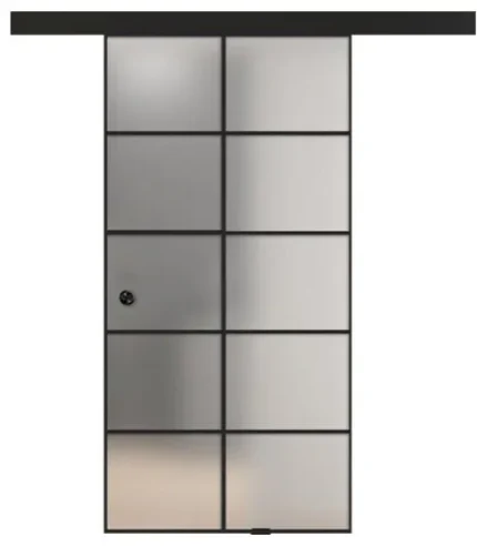 Frameless Industrial Style, Frosted Glass Sliding Barn Door with Black Hardware, 40"x84" Inches, Recessed Grip