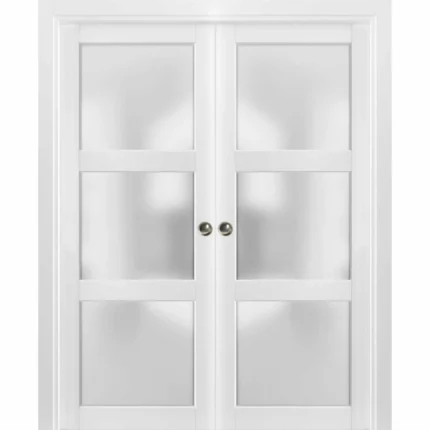 French Double Pocket Doors|Frosted Glass|Lucia 2552 White SilkSturdy Door 56x80