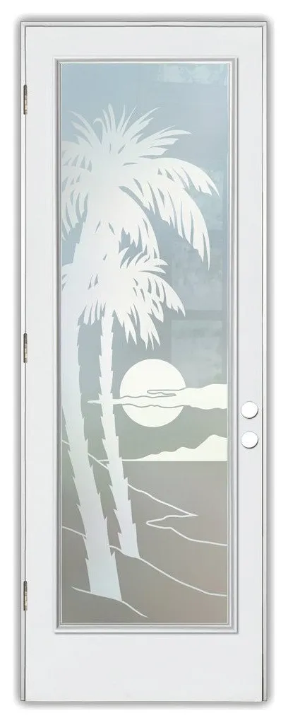 Front Doors - Palm Sunset Frosted Glass Design - 30" x 80" - CUSTOMIZE ANY...