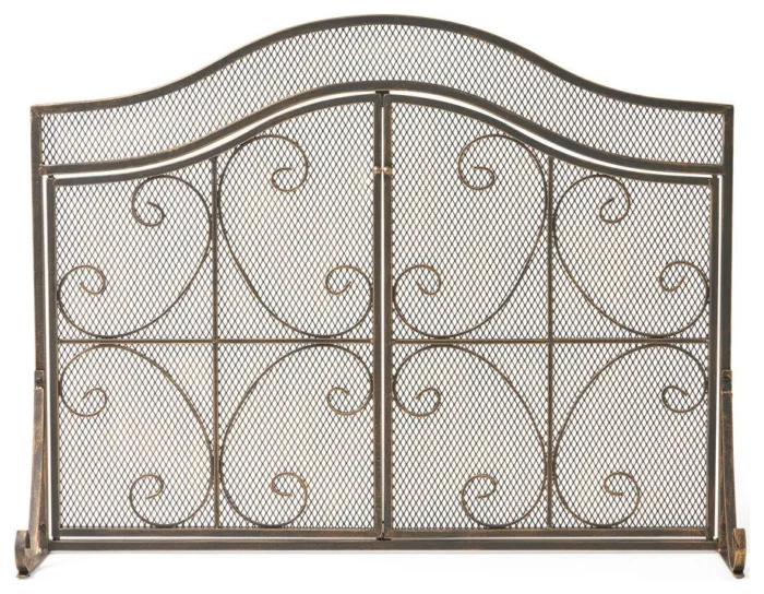 Gary Modern 3-Panel Iron Fire Screen With Door, Black Gold Finish - Image 1