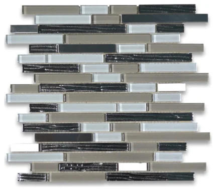 Glass Mosaic Tile Beige White Glass Electroplate Black Stainless Steel, 1 sheet