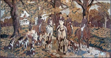 Horsemen Hunting Scene Marble Mosaic Mural, 51"x97"