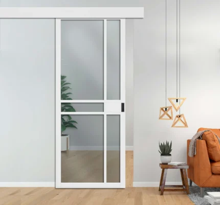 Industrial Loft Style Sliding Barn Door With Glass & Panels , 24"x81", Clear, Primed (Unfinished)