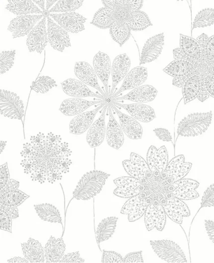 Intricate Bohemian Monochromatic Floral Wallpaper, Gray & White, Bolt