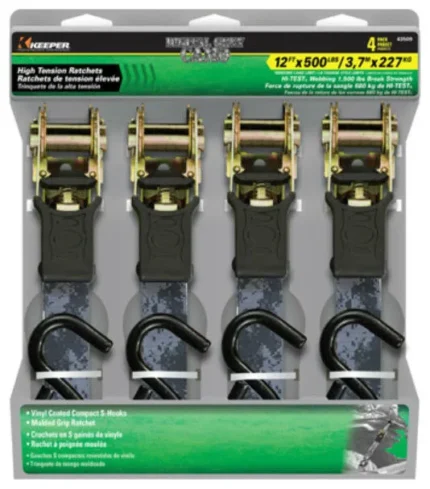 Keeper® 43509 High-Tension Ratchet Tie-Down, Digital Gray Camo, 1"x12', 4-Pack