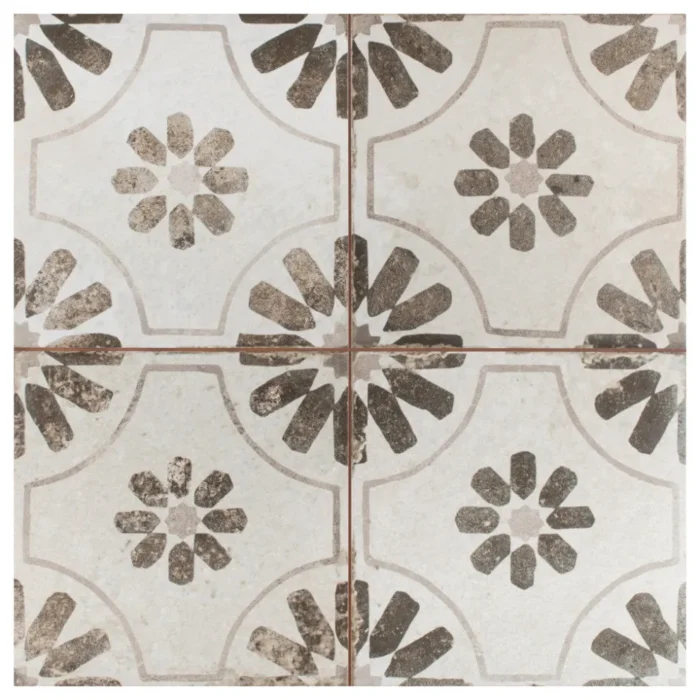 Kings Blume Encaustic Ceramic Floor and Wall Tile, Nero, Sample - Image 1