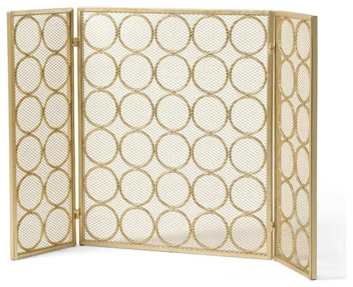 Koda Modern Three Panel Iron Firescreen, Gold - Image 1
