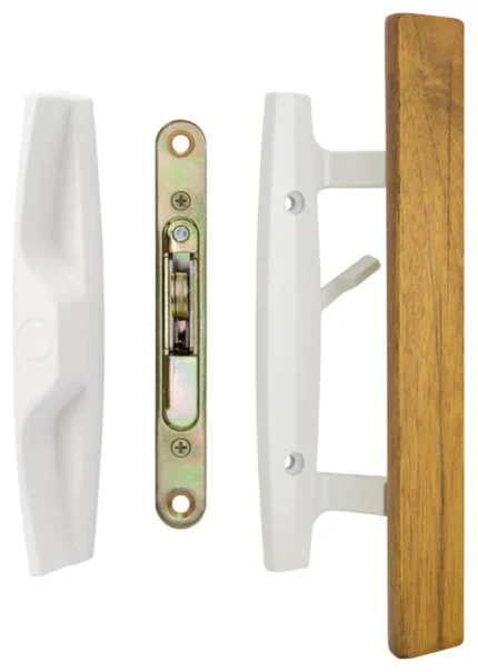 Lanai Sliding Glass Door Handle Set with Lock, Non-Keyed, Oak Wood Pull, White, 1-3/4" Thick Door