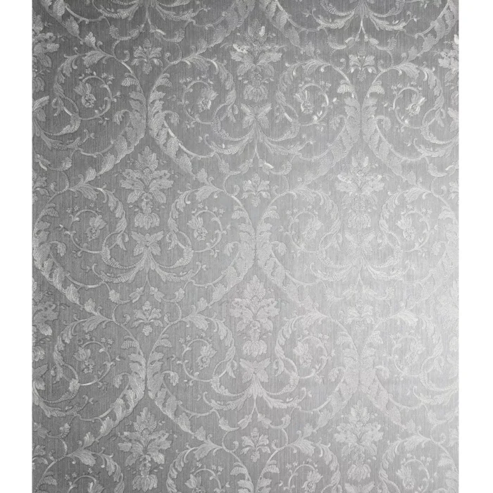 Light Gray ivory gold metallic Victorian damask faux fabric textured Wallpaper, 3,4 Ft X 33 Ft Roll - Image 1