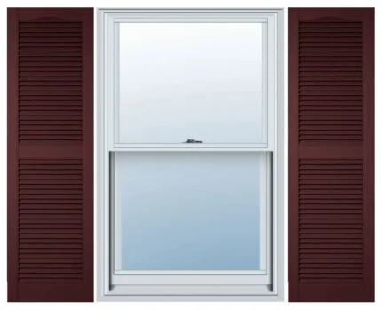 MidAmerica Cathedral Top Center Mullion Louver Shutters, Bordeaux, 32x14-1/2