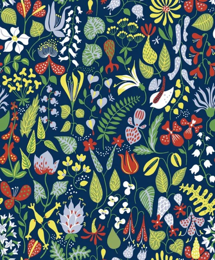 Navy Floral Motif Wallpaper, Sample - Image 1