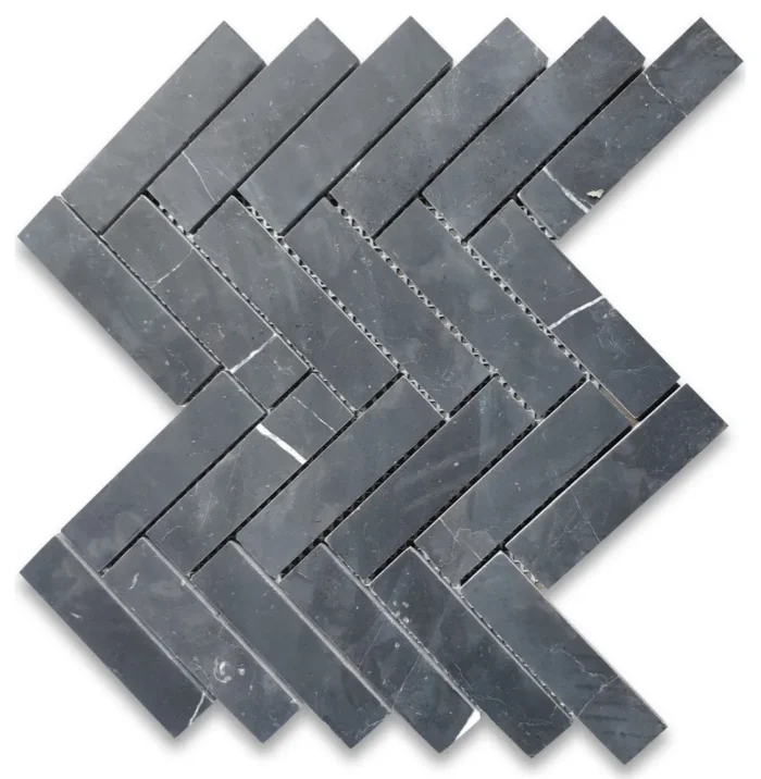 Nero Marquina Black Marble 1x4 Herringbone Mosaic Tile Honed, 1 sheet - Image 1