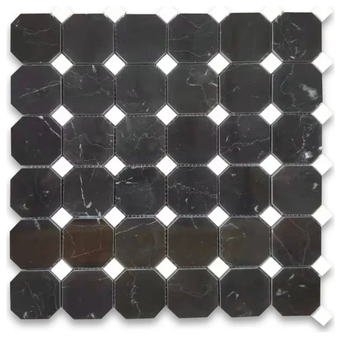 Nero Marquina Black Marble 2" Octagon Mosaic Tile Thassos White Polish, 1 sheet - Image 1