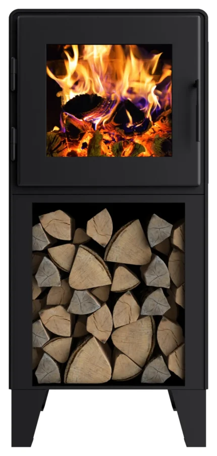 Nova Tower Wood Stove, Height Extension Legs, Satin Black, Satin Black Door