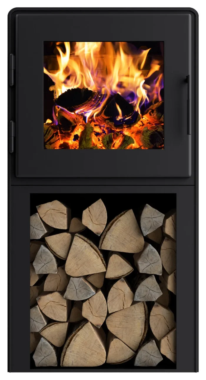 Nova Tower Wood Stove, Satin Black Finish, Satin Black Door, Room Blower Fan - Image 1