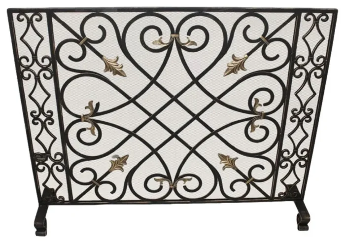 Old World Classic Iron Fireplace Screen Scroll Arrow Bronze Gold Firescreen - Image 1