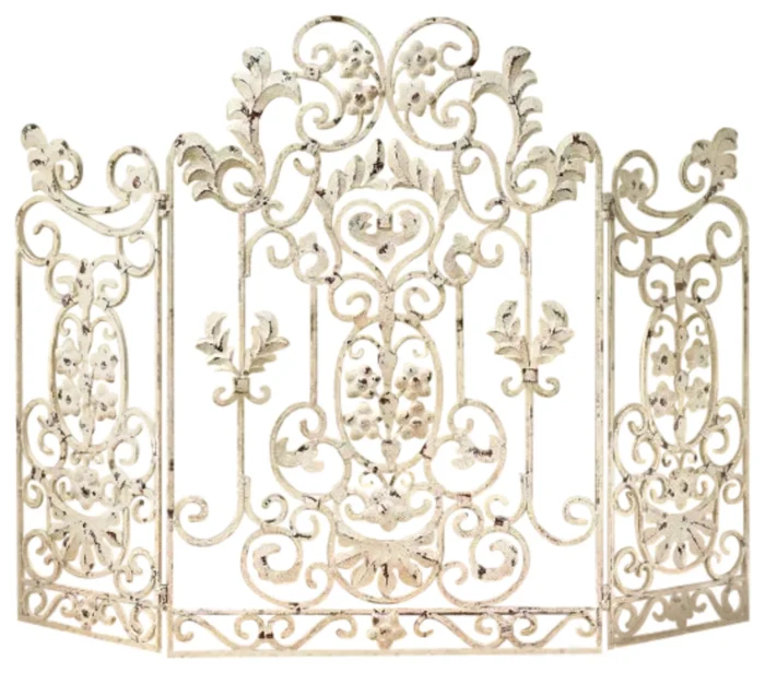 Ornate French Country Cream Iron Fireplace Screen Botanical Scroll Firescreen - Image 1