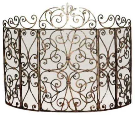 Ornate French Scroll Curved Gold Iron Fireplace Screen Vintage Style