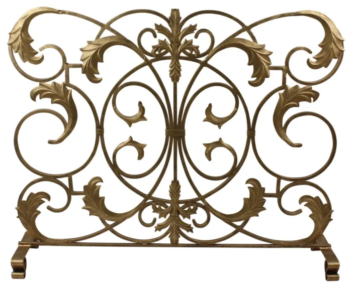 Ornate Scroll Acanthus Leaf Fire Screen Gold Fireplace Open Swirl Fleur de Lis - Image 1