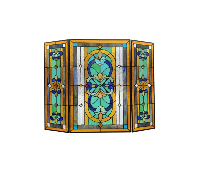 PALACE Tiffany-Style 3-Piece Folding Victorian Glass Fireplace Screen, 40" - Image 1