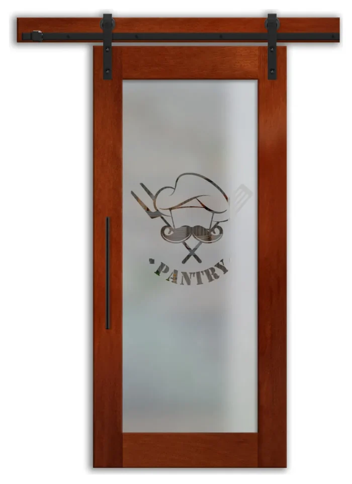 Pantry / Kitchen Solid Wood Sliding Barn Door with various Frosted Glass Insert, 24"x81", Right - Image 1
