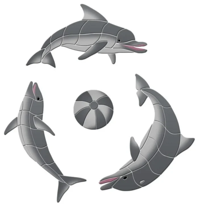 Playing Dolphins Ceramic Pool Mosaic - Grey - 48"x48" 48"x48", Grey - Image 1