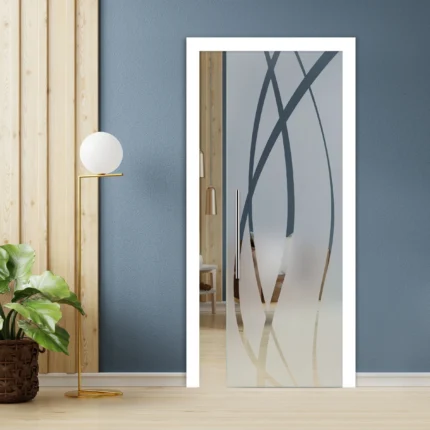 Pocket Glass Sliding Door With Frosted Lines Design, 34"x81", T-Handle Bar, Semi-Private