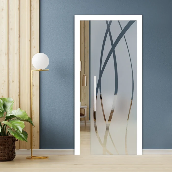 Pocket Glass Sliding Door With Frosted Lines Design, 34"x81", T-Handle Bar, Semi-Private - Image 1
