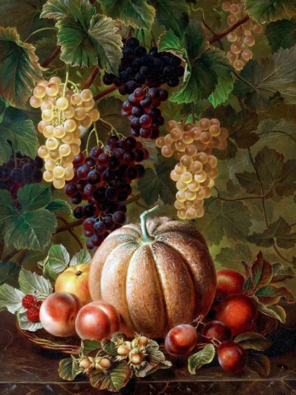 Pumpkin J. Jensen Grapes Peaches Tile Mural Wall Backsplash Art, 6"x8", Matte