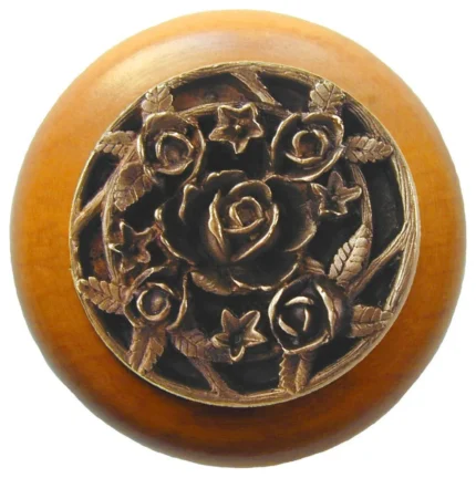 Saratoga Rose Maple Wood Knob, Antique-Style Brass