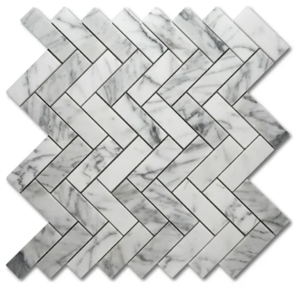 Statuary White Marble 1x3 Herringbone Mosaic Tile Polished, 1 sheet