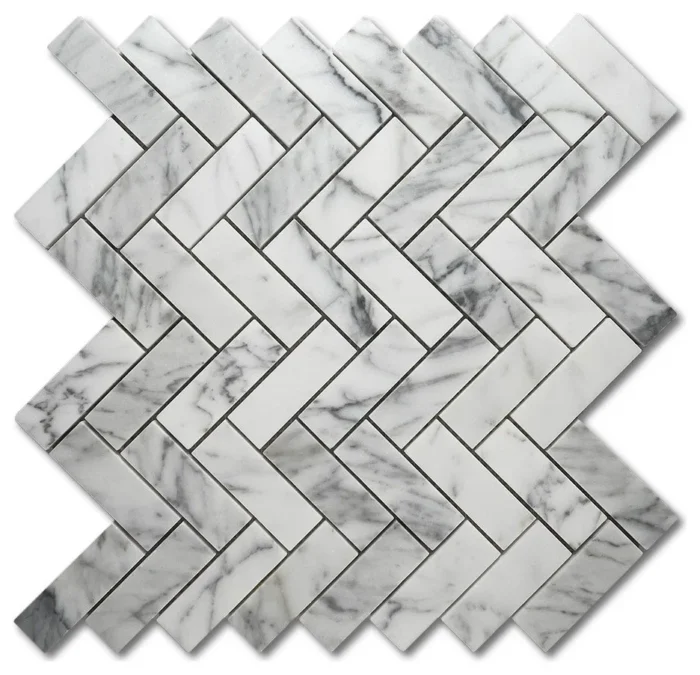 Statuary White Marble 1x3 Herringbone Mosaic Tile Polished, 1 sheet - Image 1