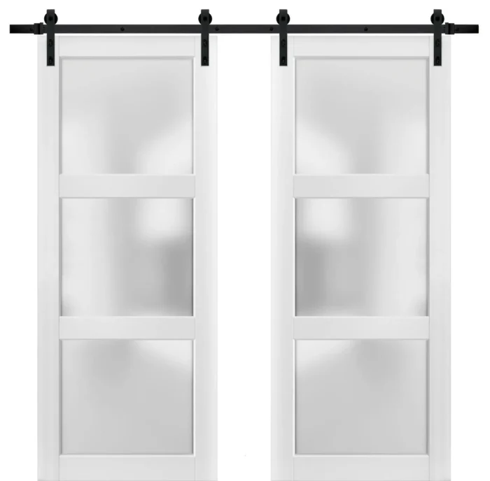 Sturdy Double Barn Door 48x80 Glass Lites | Lucia 2552 Matte White | 13FT Rail - Image 1