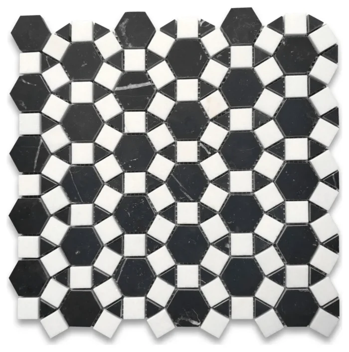 Sunflower Nero Marquina Black Thassos Marble Ring Mosaic Tile Honed, 1 sheet - Image 1