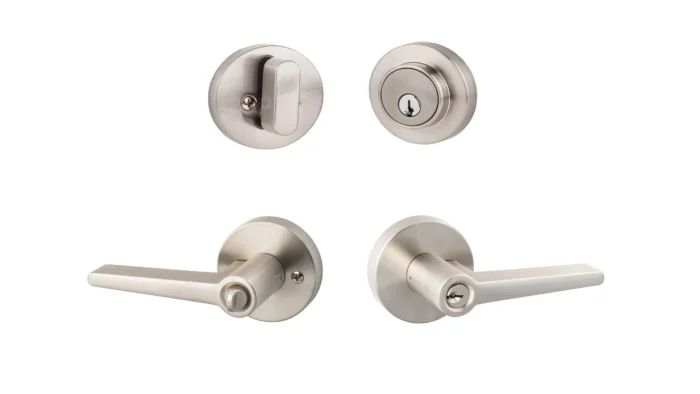 Sure-Loc Modern Series Basel Round Entry with Deadbolt Lever, Satin Nickel - Image 1