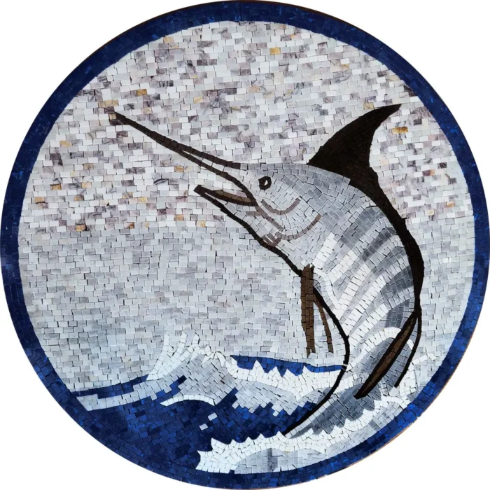 Sword Fish Mosaic Marble Medallion, 24"x24" - Image 1