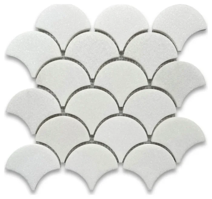 Thassos White Marble Grand Fish Scale Fan Shape Mosaic Tile Polished, 1 sheet - Image 1