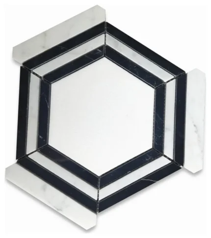 Thassos White Marble Hexagon Nero Strip Gerama Mosaic Tile Polished, 1 sheet