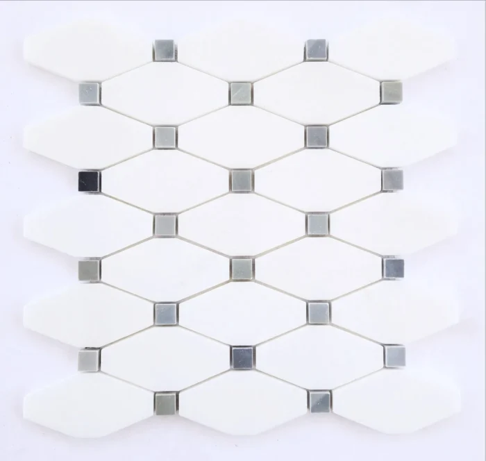 Thassos White Marble Polished Octave Pattern Mosaic Tile w/ Blue-Gray Dots - Image 1