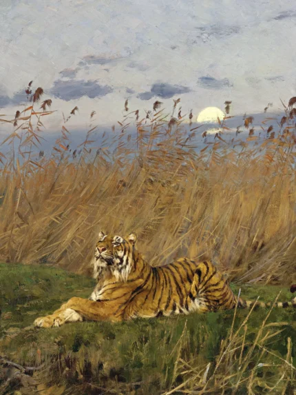 Tiger Among Rushes Moonlight G. Vastagh Tile Mural Backsplash Art, 6"x8", Matte