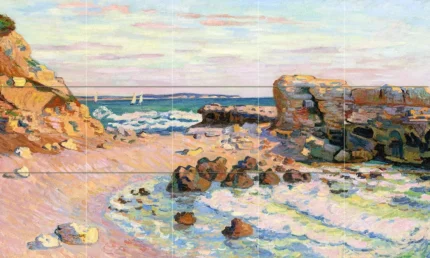 Tile Mural Coast rocks gulf sailboats ocean Backsplash 4.25" Ceramic Matte