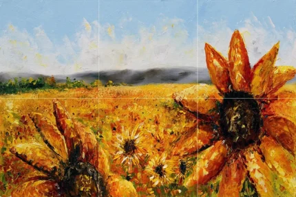 Tile Mural Contemporary Art, Landscape, Flowers, Blazing Sun, Marble